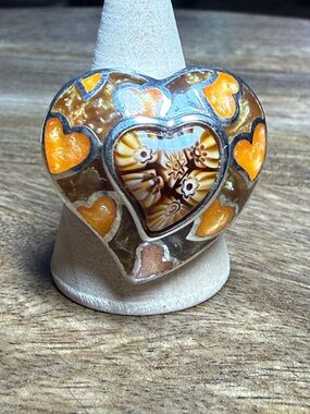 Alan K Mosaic Glass Heart Glass Sterling Silver Ring